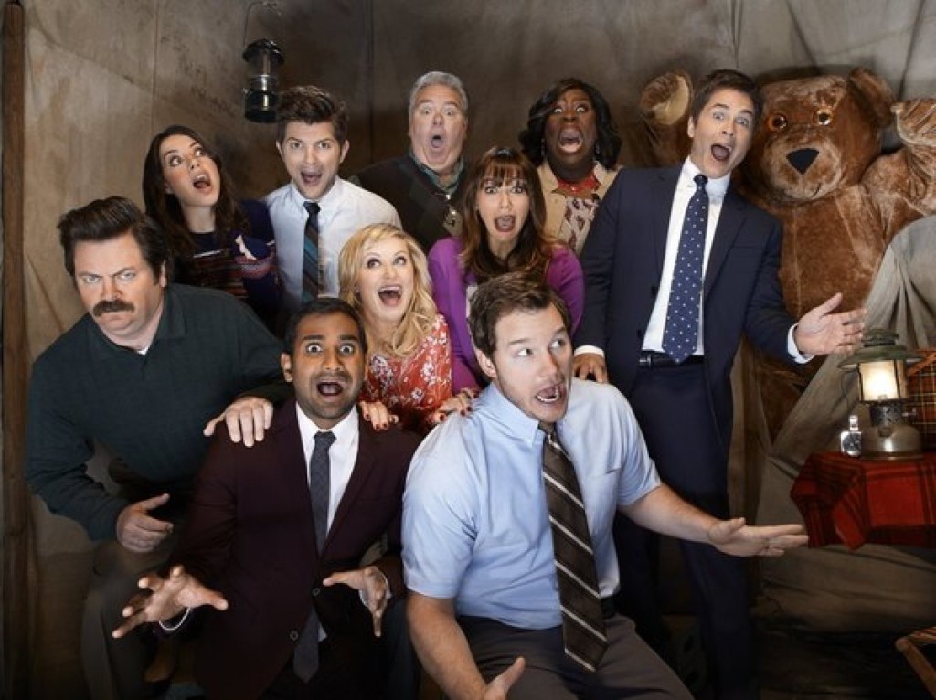 PARKS AND RECREATION -- Season: 5 -- Pictured: (l-r) Nick Offerman as Ron Swanson, Aubrey Plaza as April Ludgate, Aziz Ansari as Tom Haverford, Adam Scott as Ben Wyatt, Amy Poehler as Leslie Knope, Jim O'Heir as Jerry Gergich, Rashida Jones as Ann Perkins, Chris Pratt as Andy Dwyer, Retta as Donna Meagle, Rob Lowe as Chris Traeger -- (Photo by: Chris Haston/NBC)